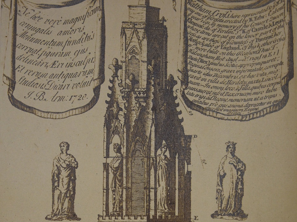 An engraving showing the Eleanor Cross in Waltham with historical detail in text around central image of cross