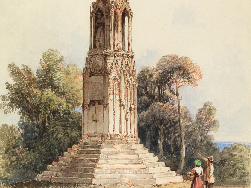 A watercolour showing the Northampton Eleanor Cross in the centre with trees behind and two figures on the right observing the cross.