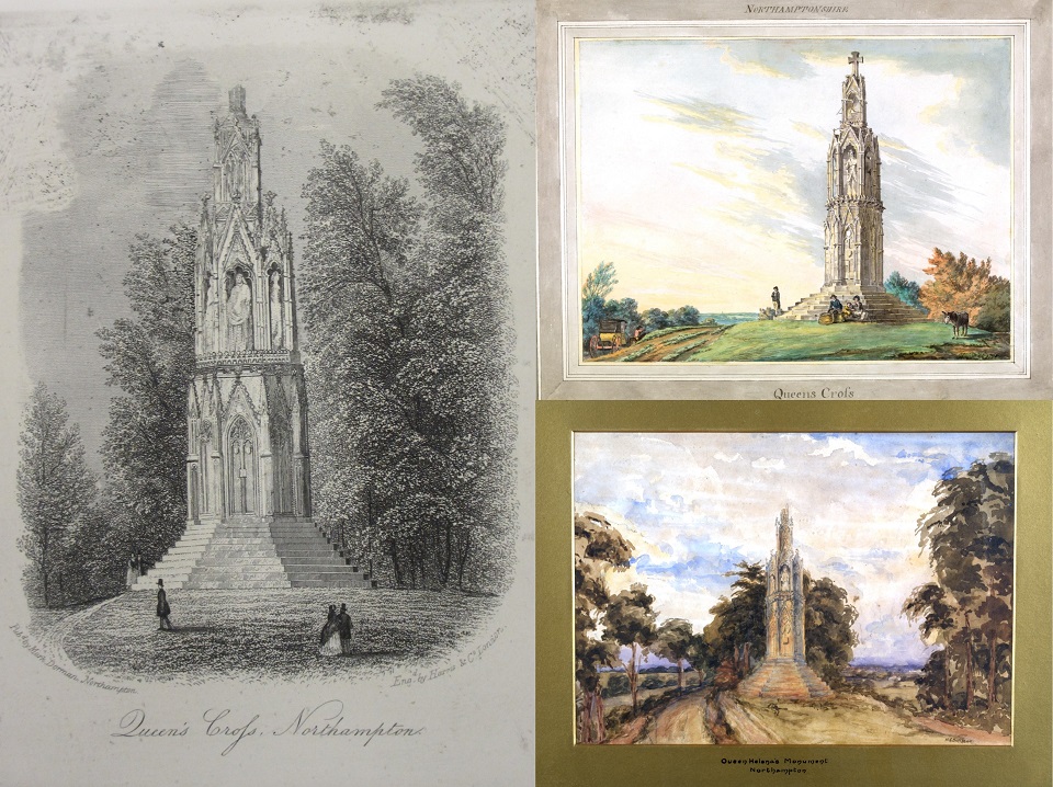 3 depictions of the Northampton Eleanor Cross, an engraving on the left and two watercolours on the right.