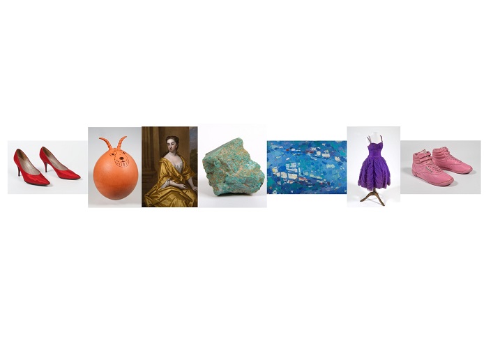a selection of 7 objects from our collection showing the 7 different colours of the rainbow