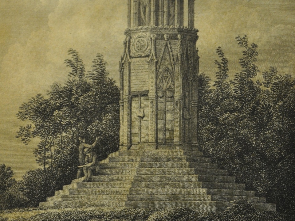 An engraving showing the Northampton Eleanor Cross in the centre with trees behind and two figures sat on the steps of the cross