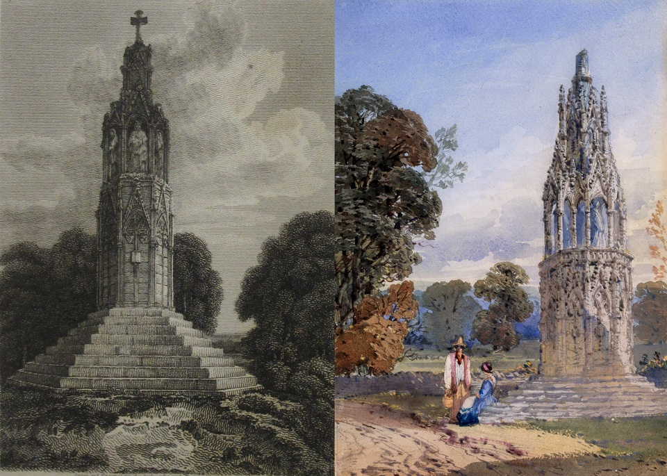 2 depictions of the Eleanor Cross, the left is topped with the Maltese cross and the right with the broken shaft