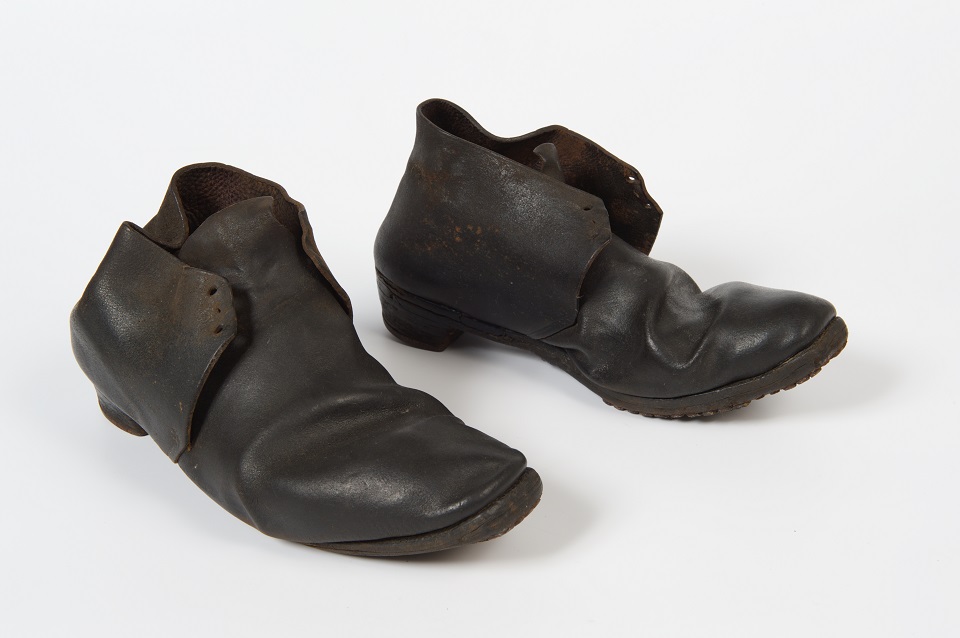 Pair of men's black leather Blucher ankle boots. 1840s. Found under floor of the old military prison in Weedon Barracks.