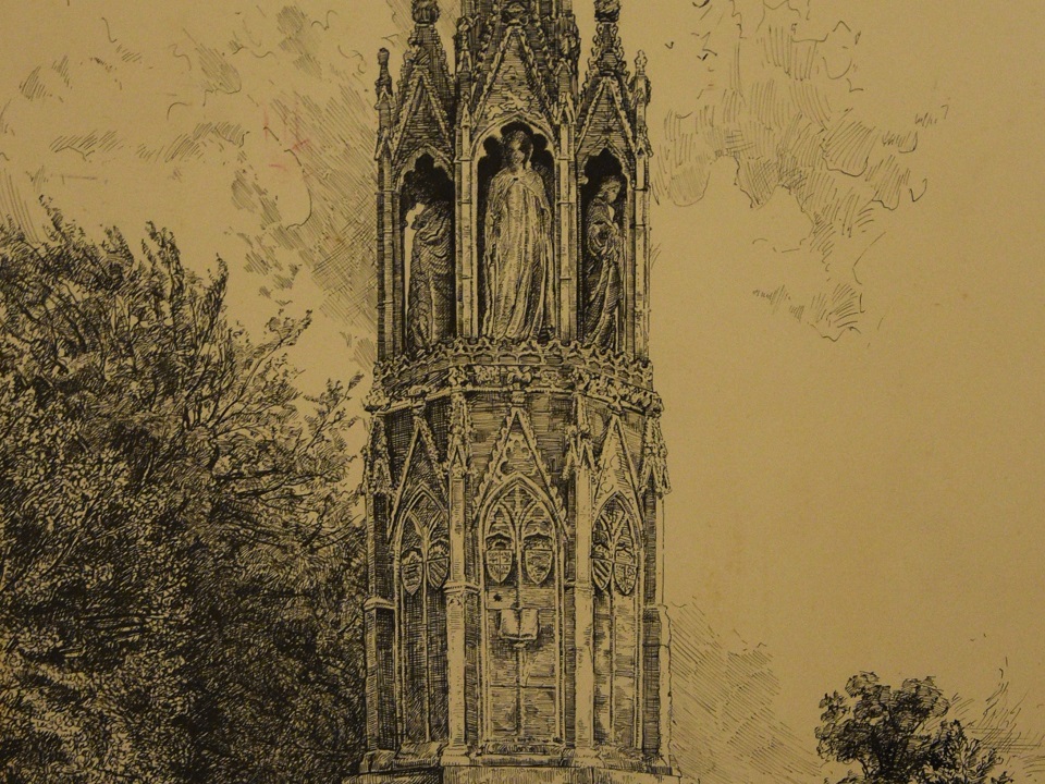 An pen and ink drawing showing the Northampton Eleanor Cross in the centre with trees and bushes behind and grass in the foreground