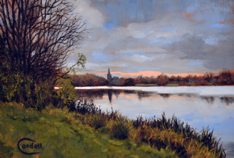 Painting of trees and river with sunset in the background with a grey sky.