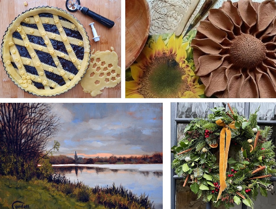 four images depiting a jam crostata, clay sunflower, landscape painting of river and trees and a christmas wreath.