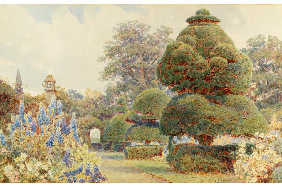 picture showing formal garden with topiary trees and flowers on the right of the central path and flowers on the left.