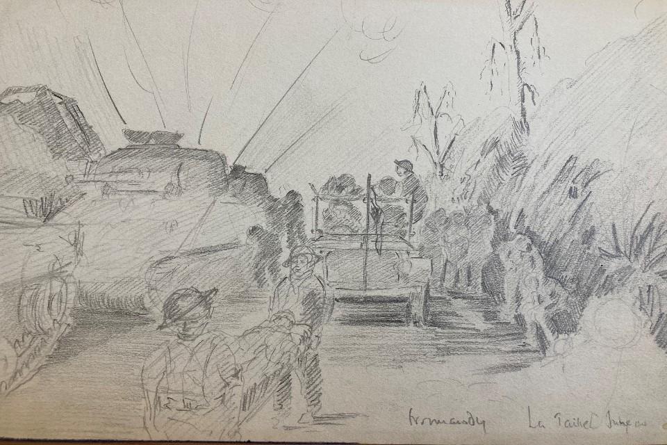 Greyscale pencil image on cream paper depicting a landscape of war in France.