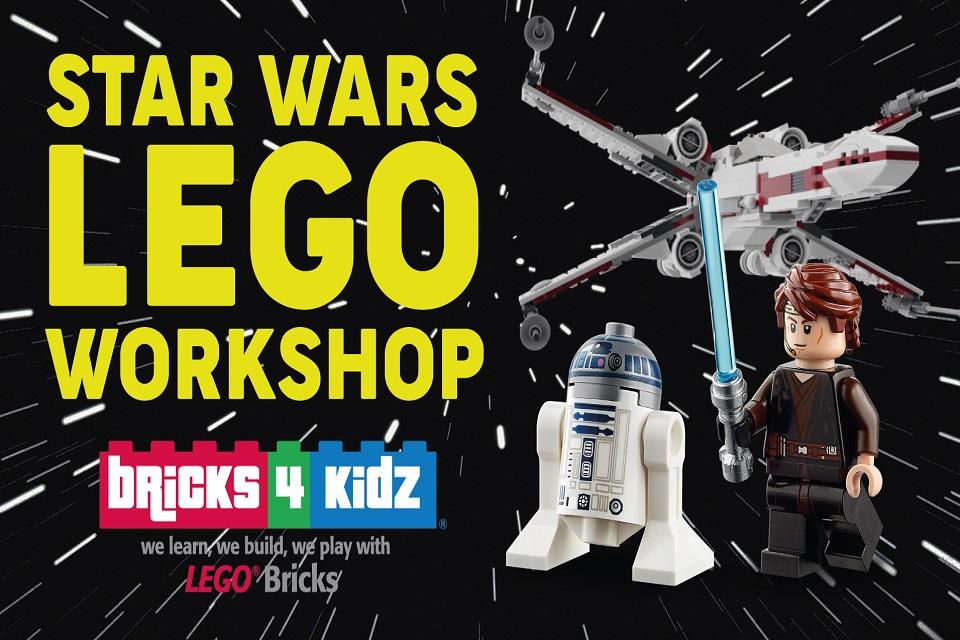 Image of two Lego star wars figures and fighter spaceship against a black background. The words Lego workshop are displayed in colourful letters.