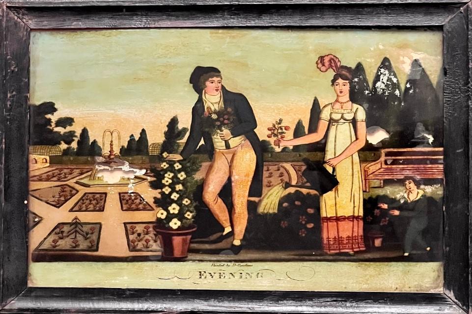 Framed painting of male and female to the right and front, a formal garden to the left and behind. A small child in the background plays in front of a wooden bench.