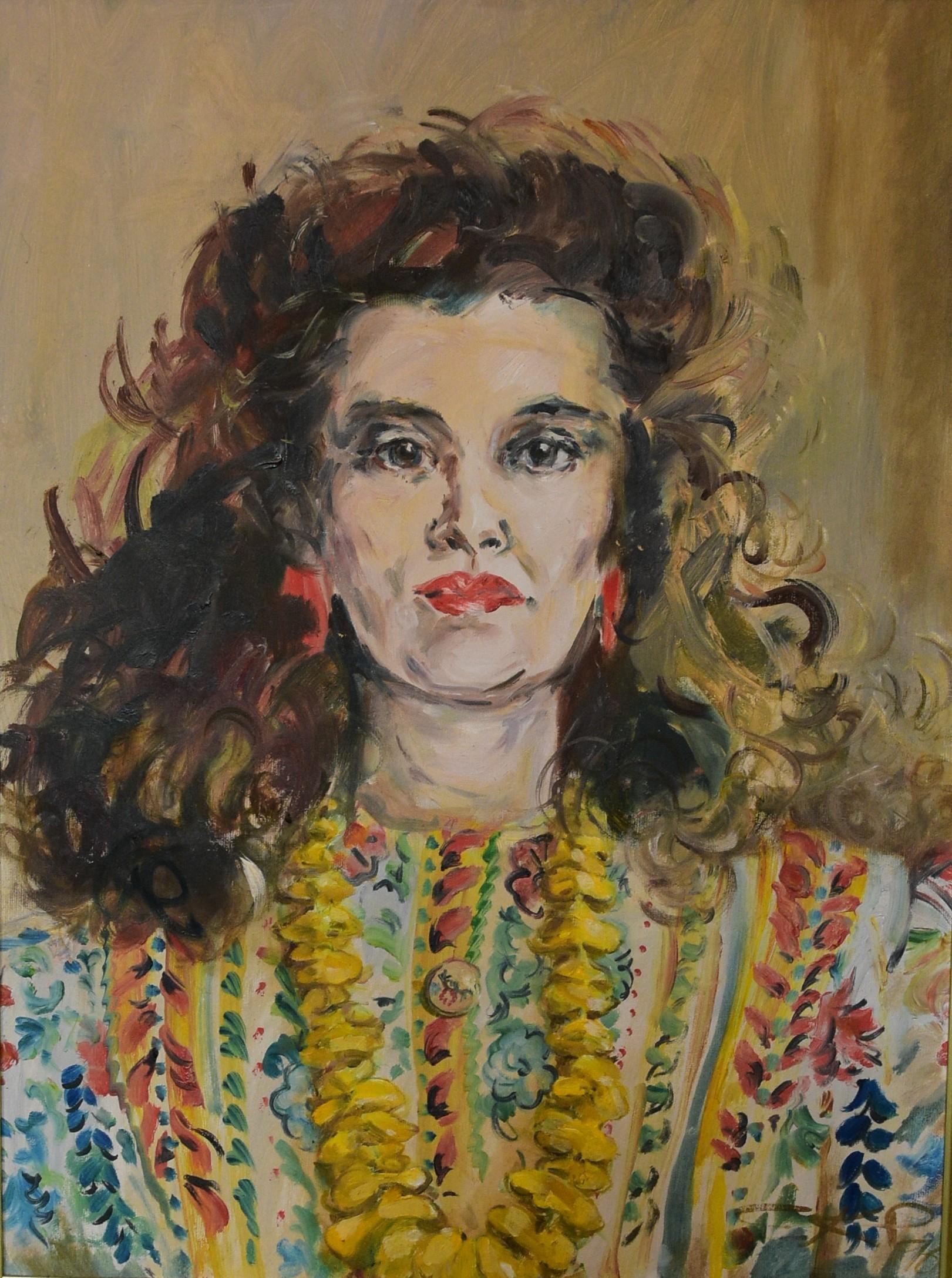 A self portrait of Elke Pollard, facing the viewer, with brunette curly hair, half up and half down. Red earrings and red lipstick, a multicoloured blouse with yellows, greens, blues and red, suggesting florals. Beige background