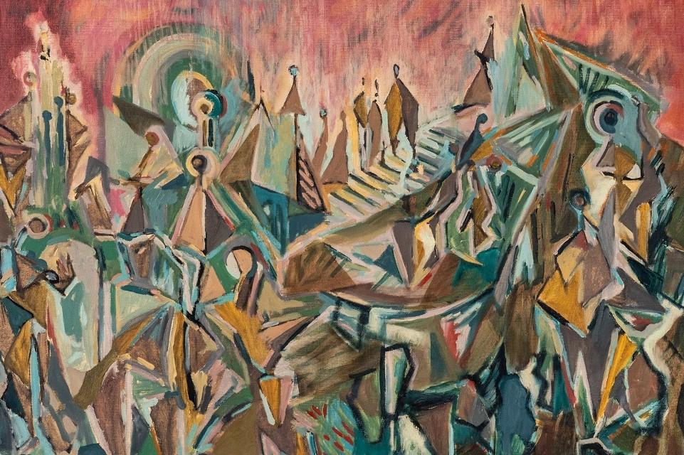 Artwork not depicting the frame. A pink background with jagged pointed shapes in the foreground in blues, greys, yellows, ochres