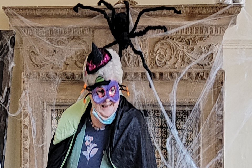 Image of a person dressed up to look frightening. The figure of head and shoulders has white hait with purple eye mask, small black pinted hat, long  cloaak. A larhe black spider sits in a web against an rnate decorated fireplace surround.