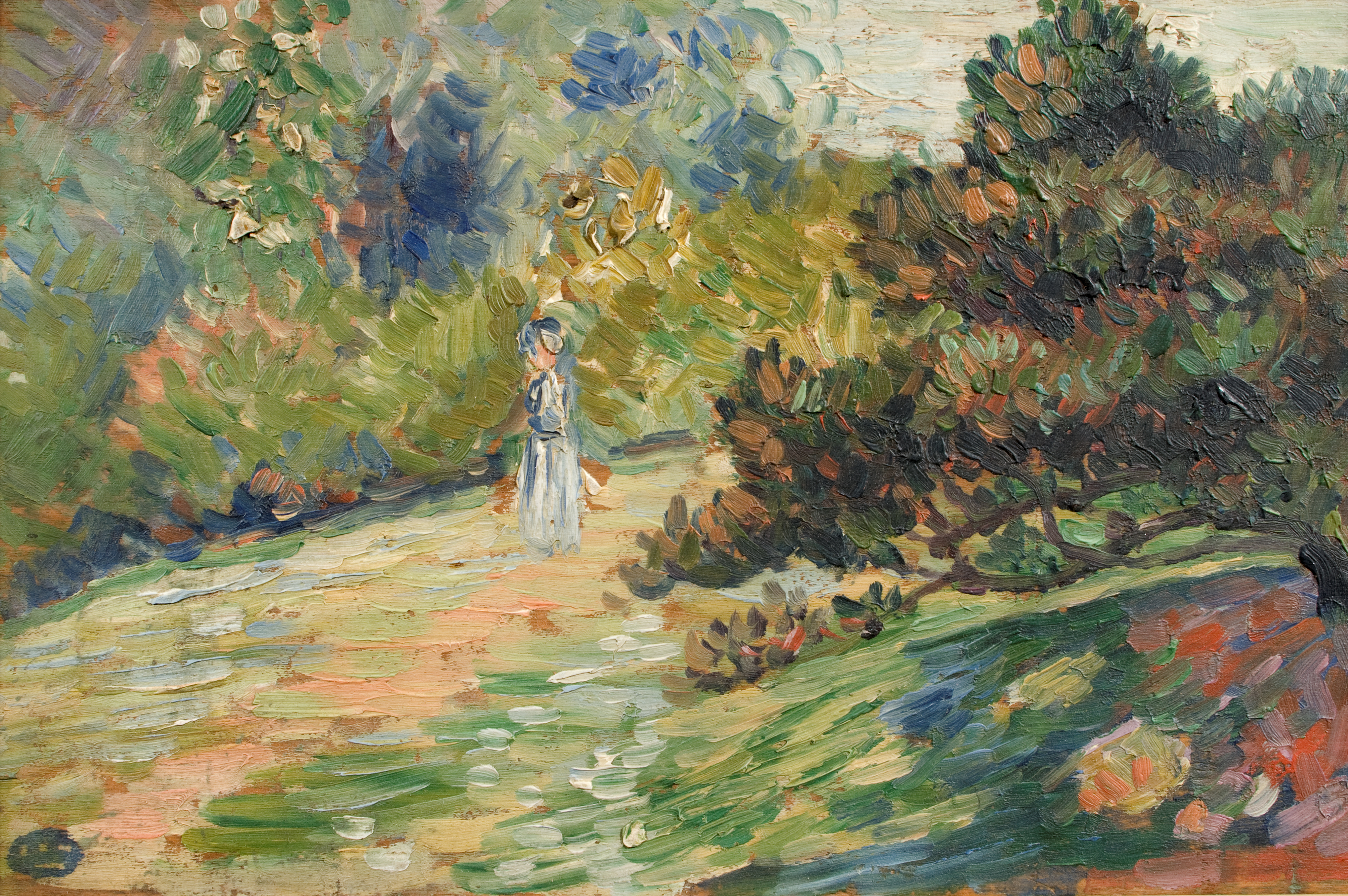 Painting of a garden with plants, flowers, trees on either side of a path the runs diagonally through the middle of the image with a figure standing on path dressed in pale blue clothes.