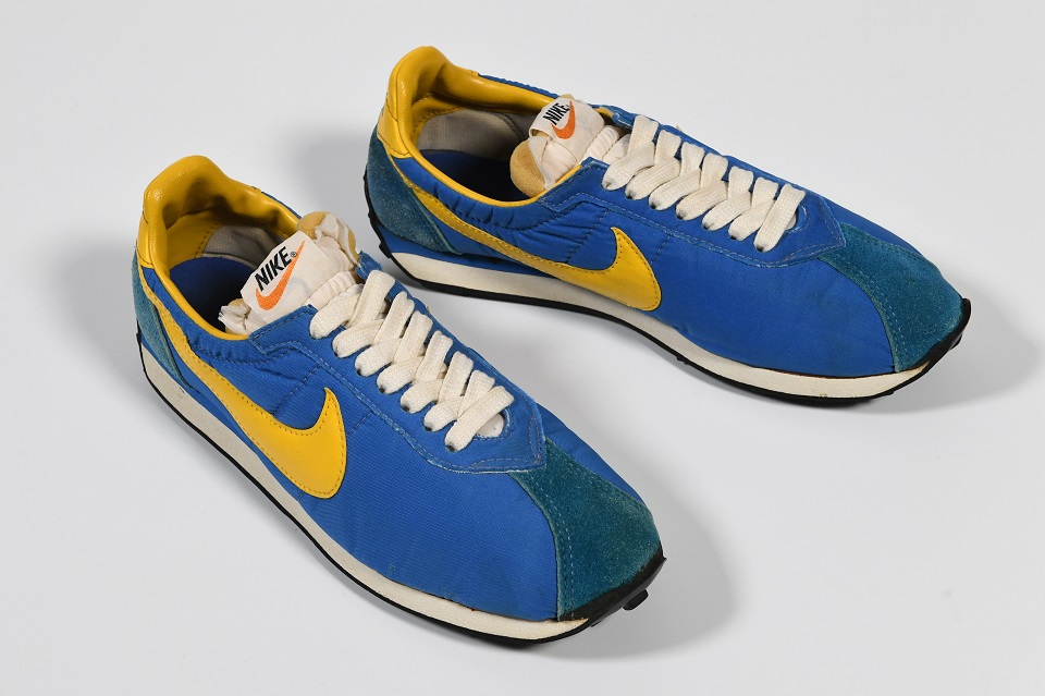 Pair of men's blue and yellow Nike Waffle trainers, 1970s