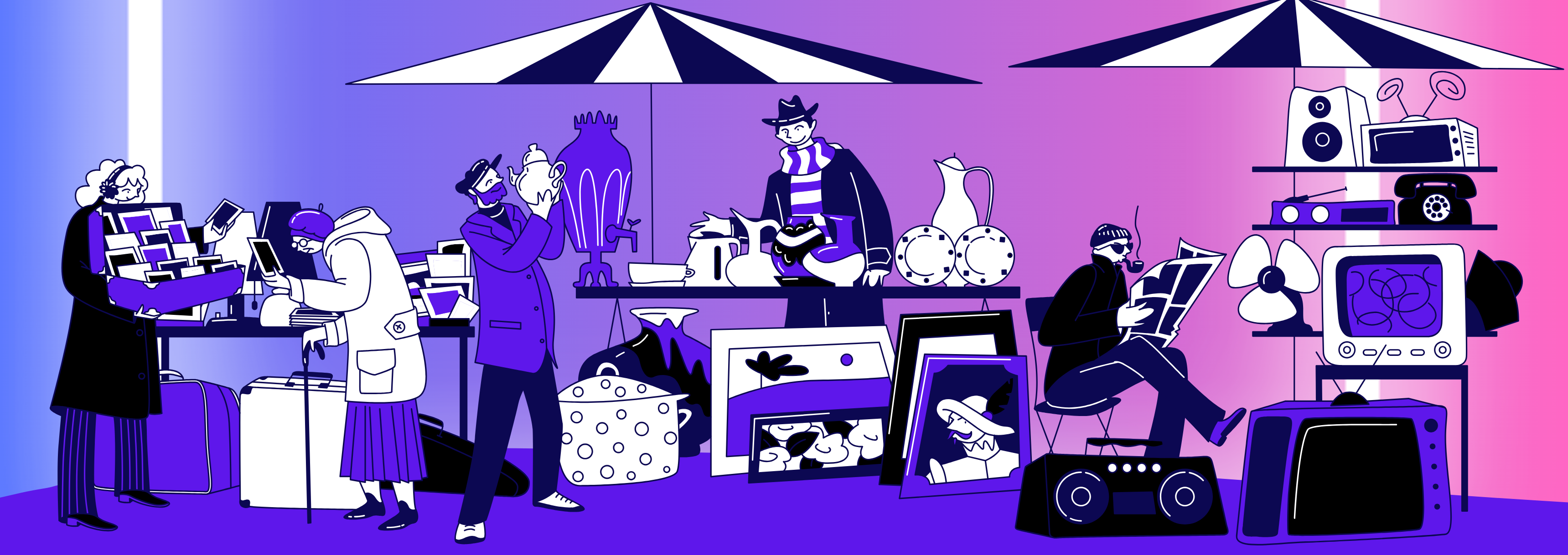 Cartoon styled image showing people browsing vintage stalls