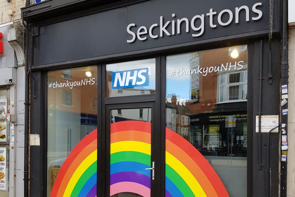 Shop window with rainbow display saying Thankyou NHS