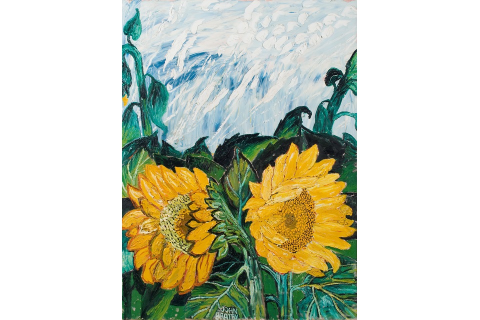 image link to Sunflowers and Sun-Crossed Sky in the Summer of 1968  by John Bratby page.