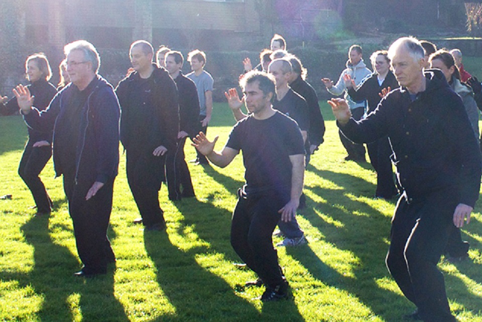 People standing on grass with their arms outstretched. Sun is shining and casting their shadow. They are peforming Tai Chi.