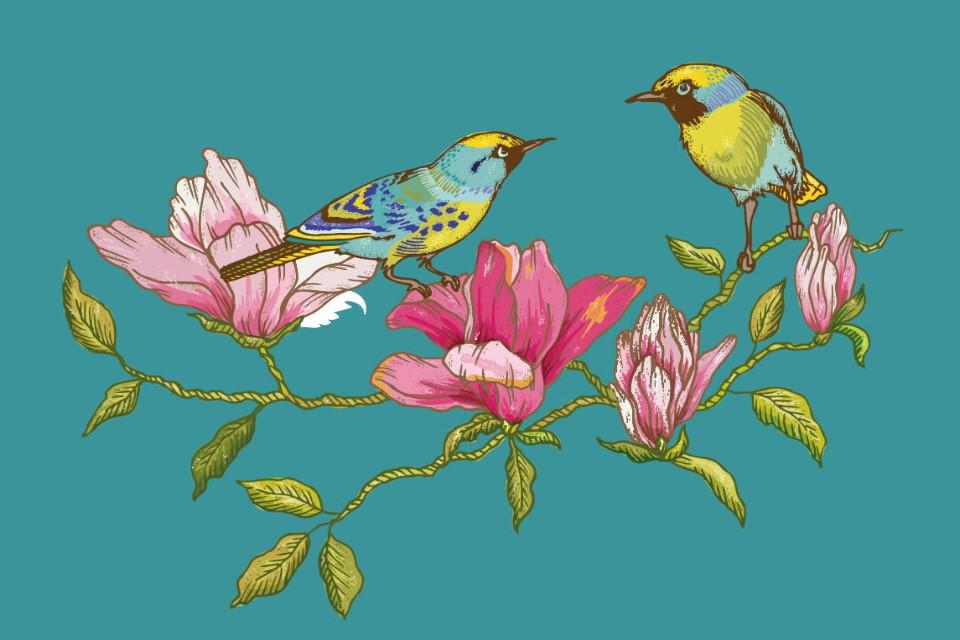 Yellow bird in top right with branch and pink flowers to left.