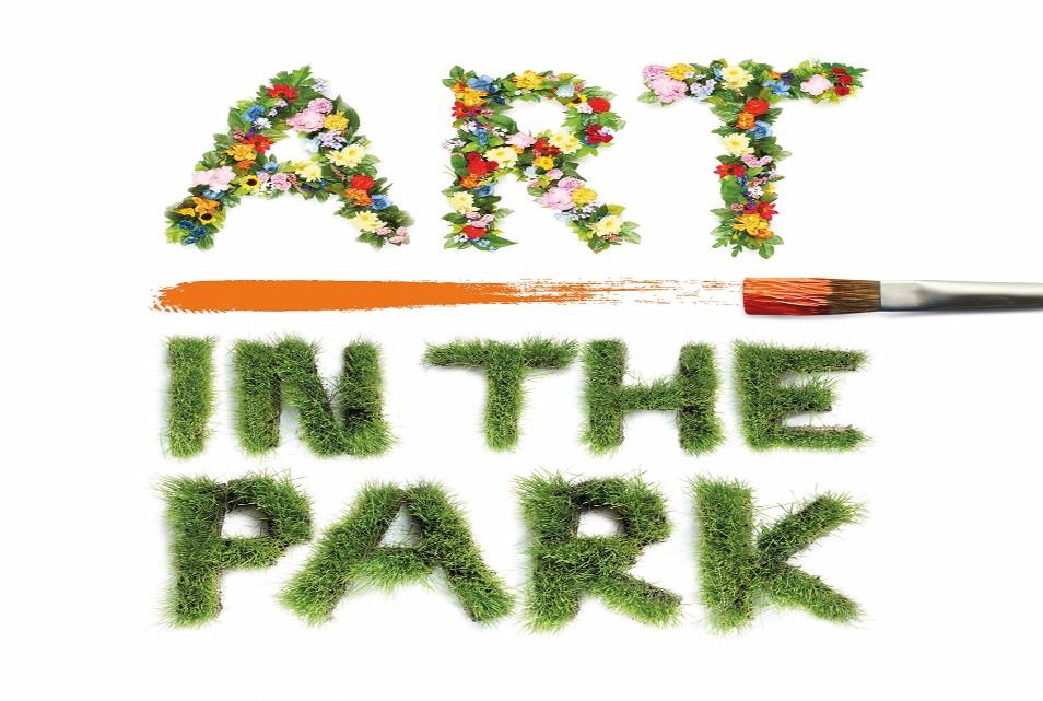 Logo image of Art in the Park with the words ART in flowers at the top and words in the park in green leaves at the bottom