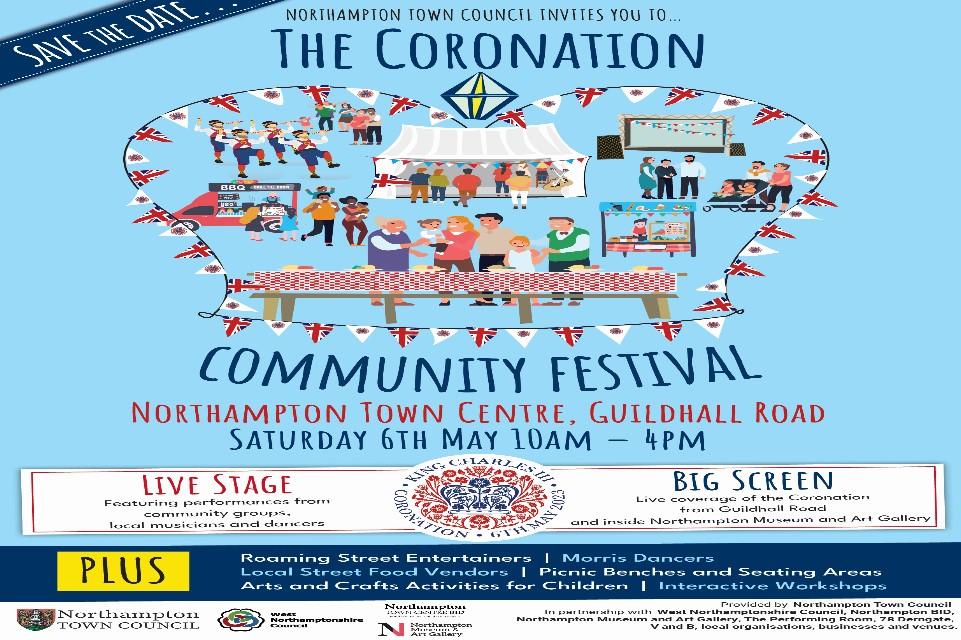 Advertising information entitled The Coronation Community Festival. A pale blue background with a crown shape and cartoon stalls and people depicted within. Various logos and information.