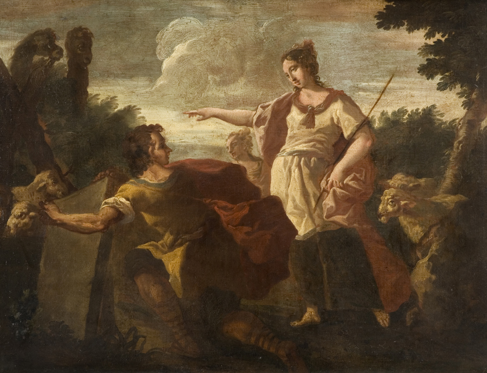 An oil painting by Castiglione showing Jacob and Rachel