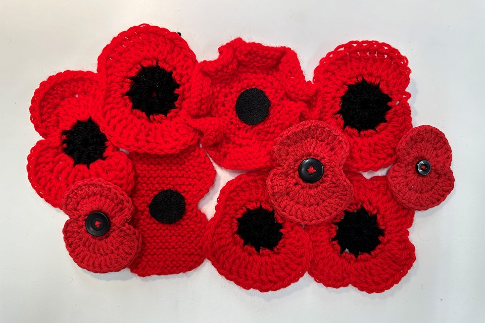 group of different poppies knitted and crocheted in red wool with black centres