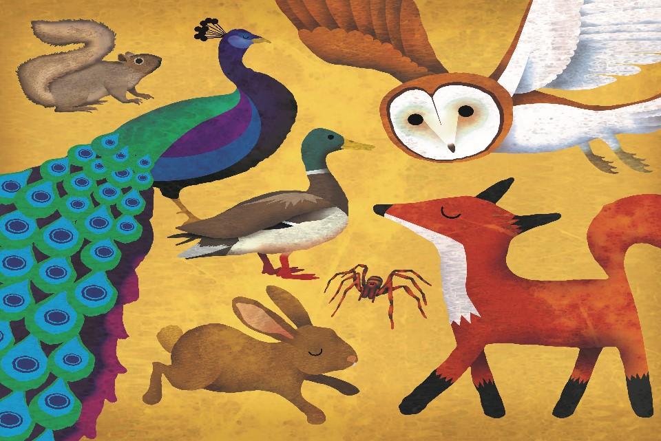 Gold background with various animals including a blue peacock on the right and a red fox on the left. Composite image of drawn animals.