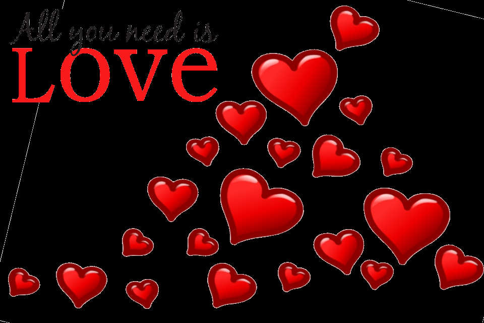A picture of different size red hearts on a white background with cursive black writing at the top that reads ‘All you need is love trail’