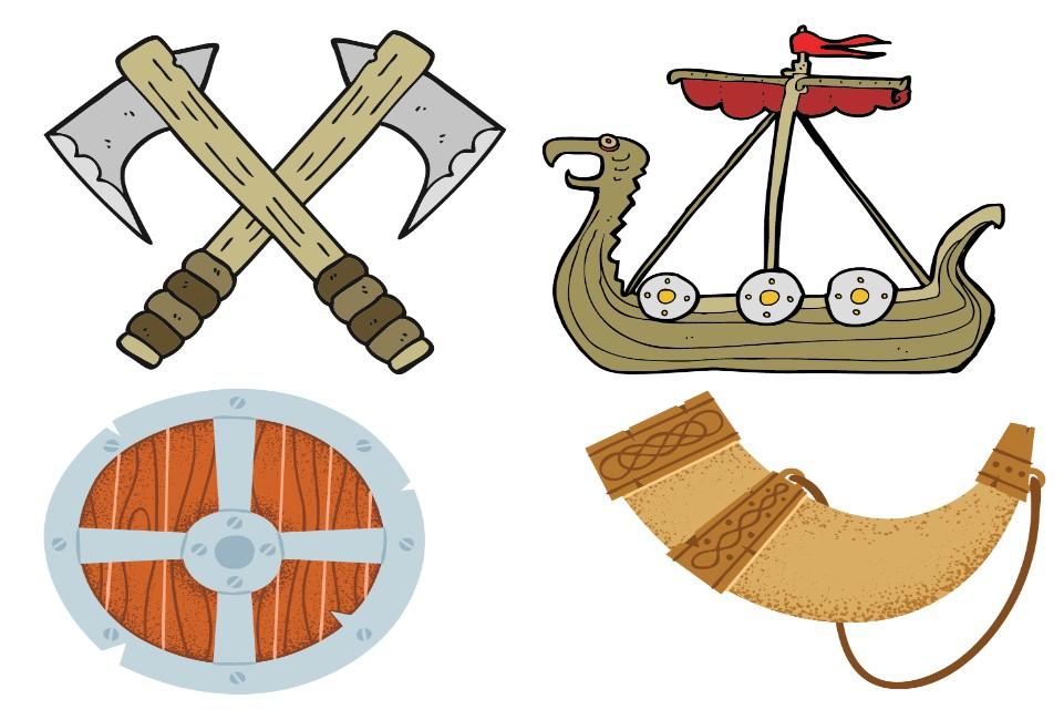 Image with four symbols from top left two crossed axes, top right a curved viking ship, bottom left red round shield and bottom left gold curved horn