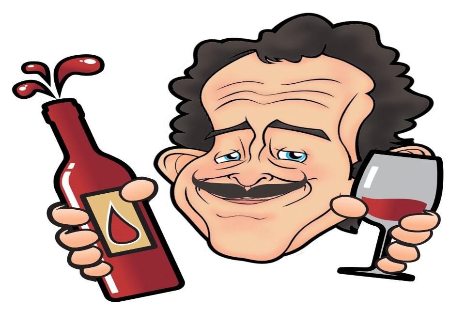 Cartoon image of  a head with brown hair. To left of image a red cartoon bottle of wine. To right of image a wine glass with wine slopping.