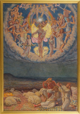 Picture shows the shepherds below and the angels above declaring the birth of Jesus to them. Scene taking from the Bible