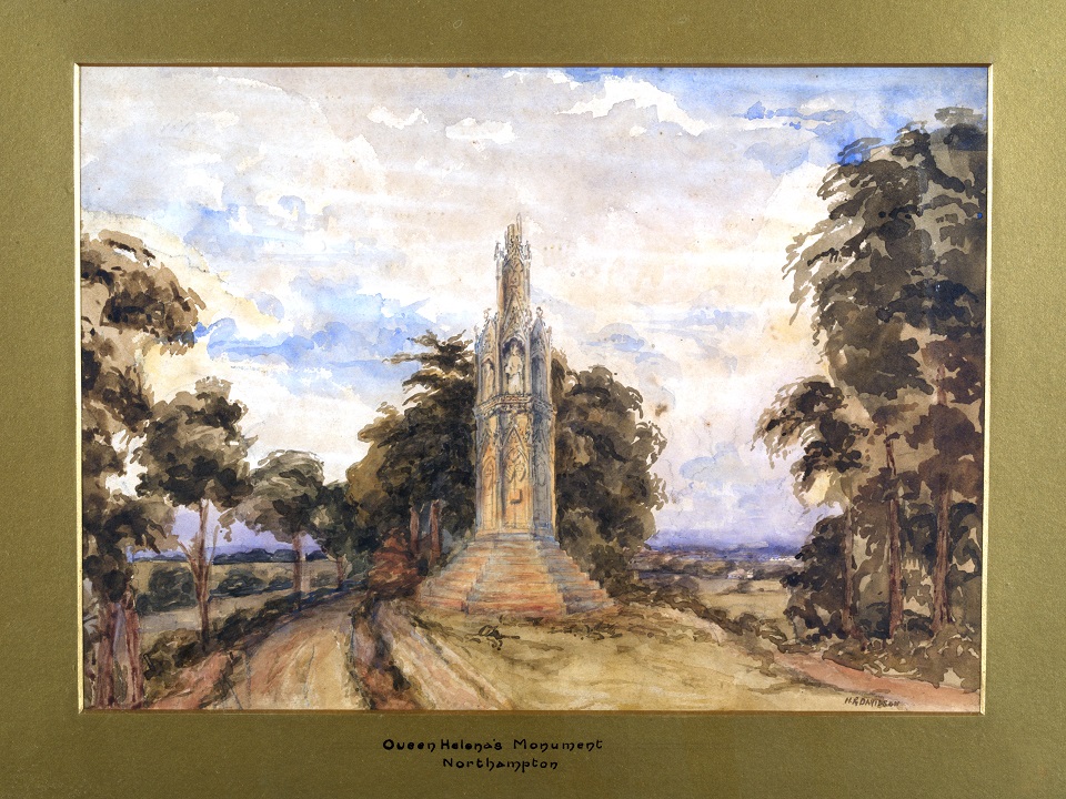 A watercolour painting showing the Northampton Eleanor Cross in the centre of a grass covered mound with trees around and vista in distance