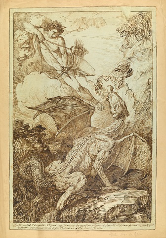 A drawing showing Apollo slaying the Python by Bartholomeo Pinelli