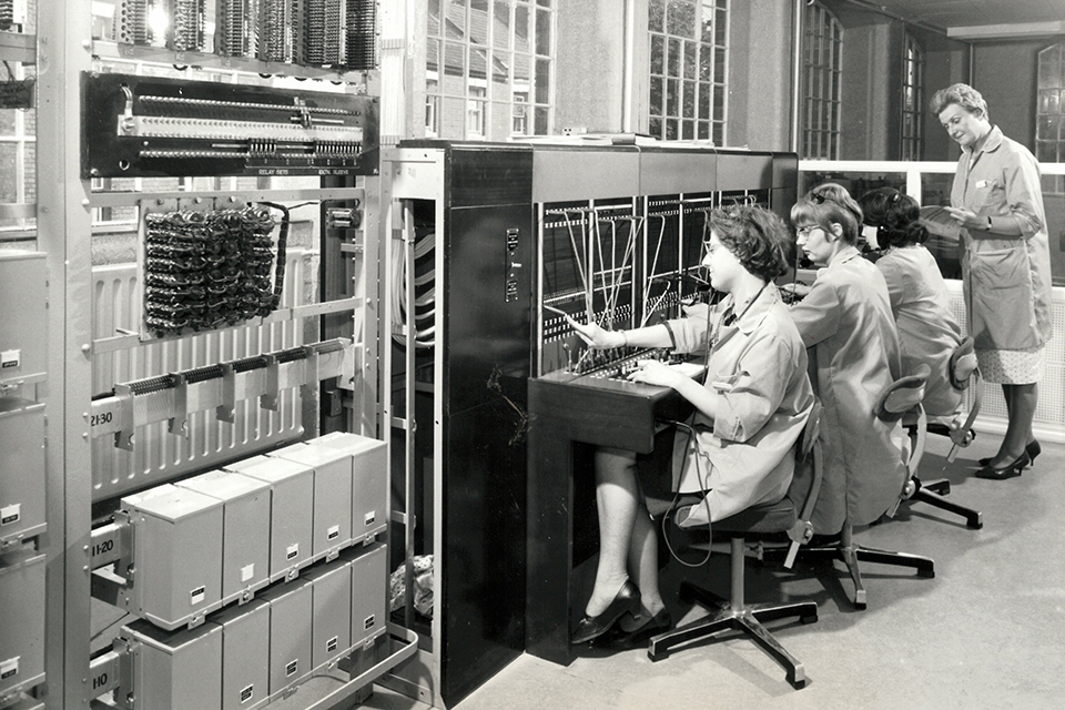 Black and white image of Telephone Exchange at Barclaycard, 1966.
