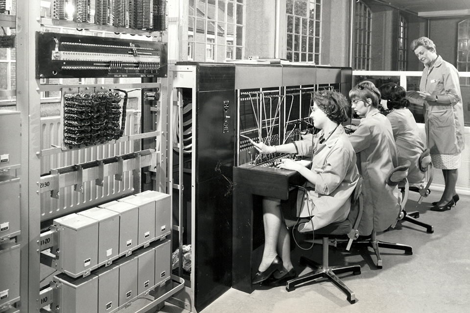 Black and white image of Telephone Exchange at Barclaycard, 1966.
