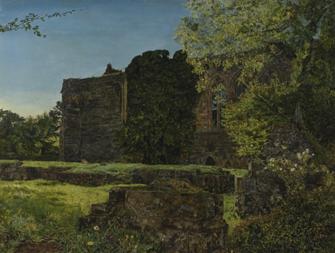 A landscape showing the ruin of Bolton Abbey in the background painted by John William Inchbold