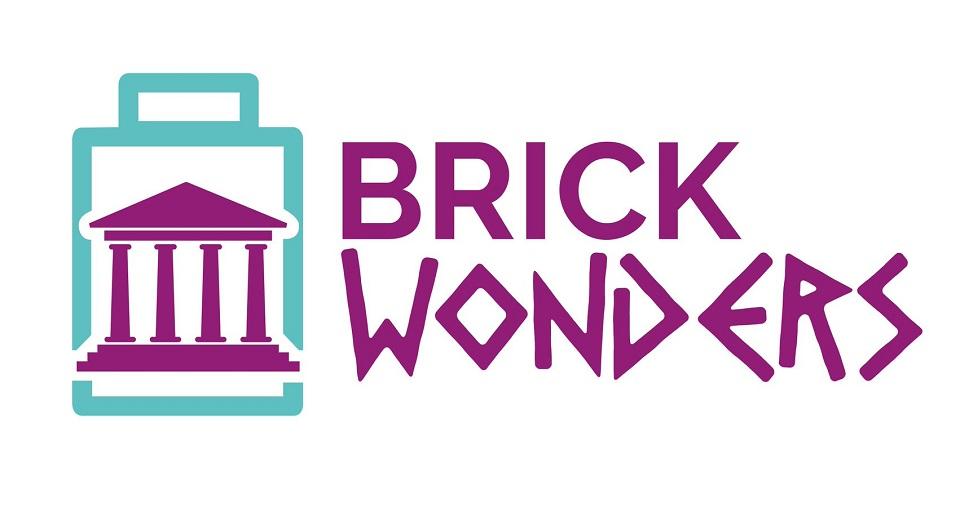 Pale blue and purple logo on a white background, Pale blue square lego brick with a purple columned greek temple image inside. The words Brick Wonders are depicted on the right. 
