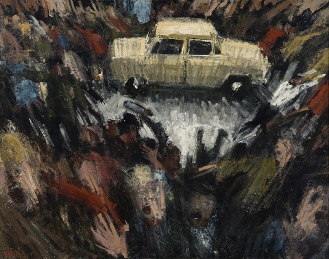 A painting showing a white car holding a bomb which has just been detonated and people around running and screaming in response to the explosion