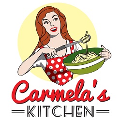 Logo showing lady with bowl of pasta and words Carmela's Kitchen