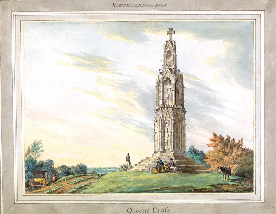 A watercolour showing the Northampton Eleanor Cross just to the right of the centre with figures on or nearby cross, donkey in right foreground and carriage in left mid ground