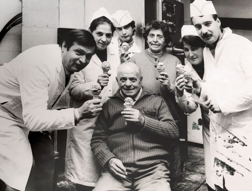 Black and white image of the Gallone family with ice cream