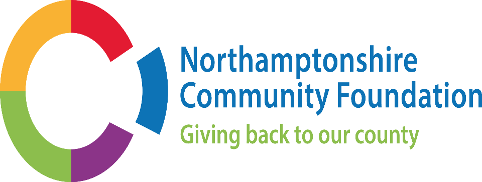 Logo featuring words Notthamptonshire Community Foundation in blue letters on the right and and a coloured circular ring to left. The ring in in primary colour blocks.