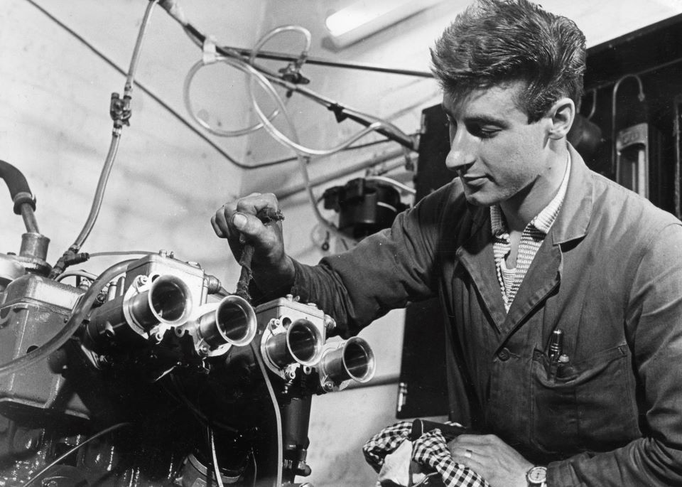Photograph of Peter Pettitt testing a DFV Formula 1 engine at Cosworth, 1967