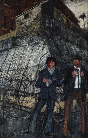 A painting  showing two men stood in front of a police post in Belfast in 1970s, painted by Chris Fiddes