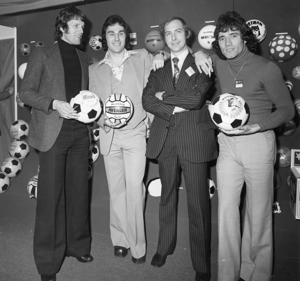 Roger Brown with Mettoy's footballs, Mick Shannon, Jerry Francis, and Kevin Keegan