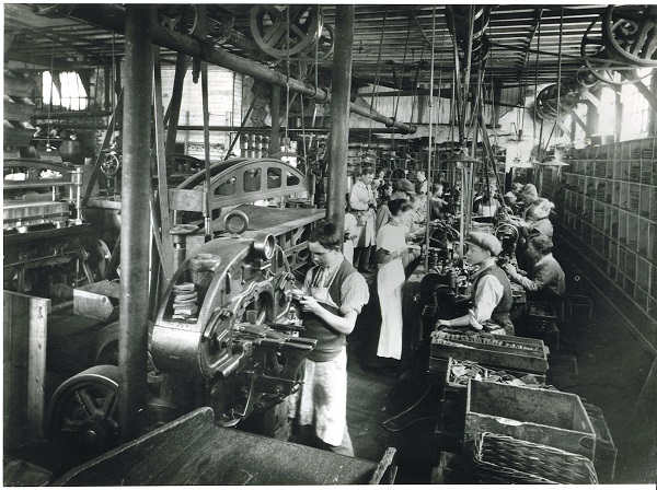 Black and white photograph of the rough stuff room at The Mounts shoe factory, Northampton, c.1900