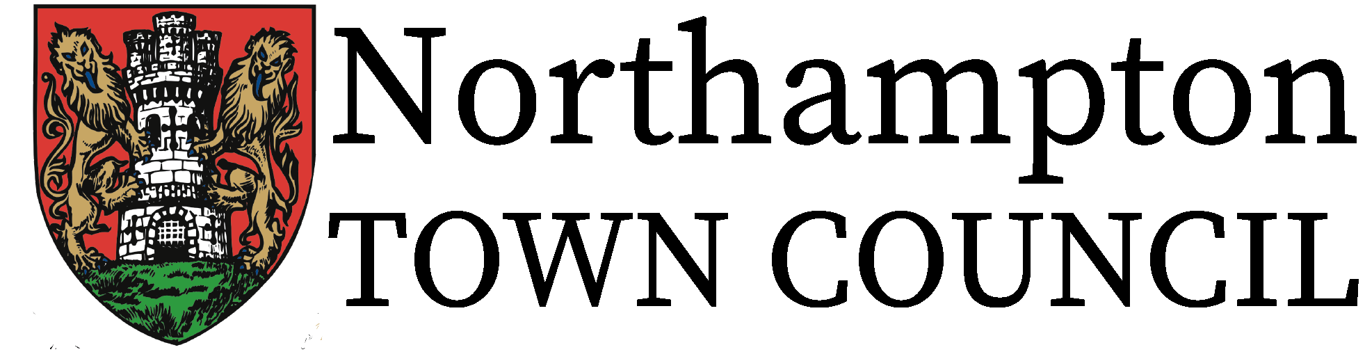 Red top and green shield with Castle and lion image. Northampton Town Council in black letters on the right.