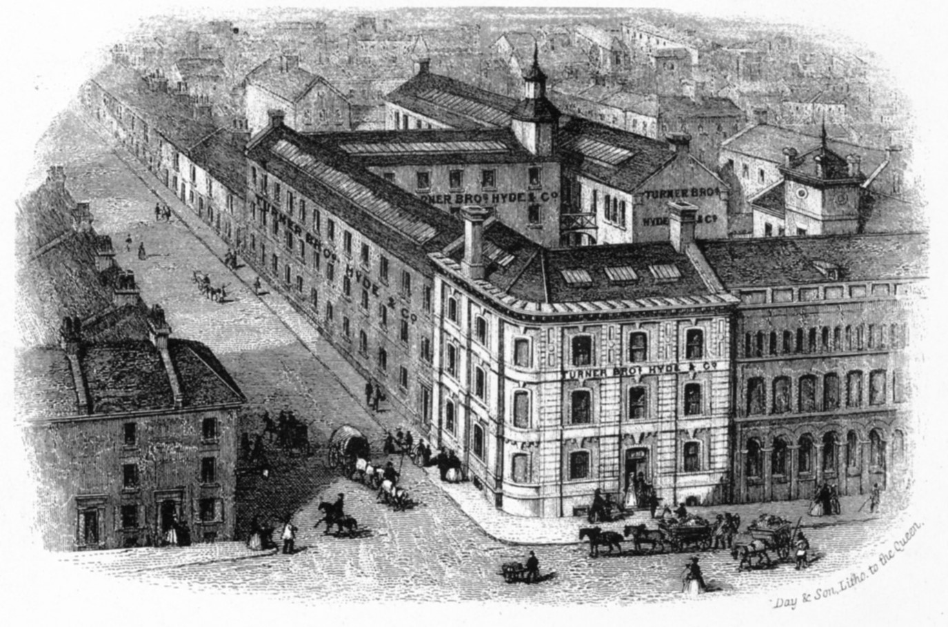 Messrs Turner Bros. Hyde &amp; Co factory at the corner of Campbell Square / Victoria Street. This was erected for Isaac Campbell &amp; Co in 1857